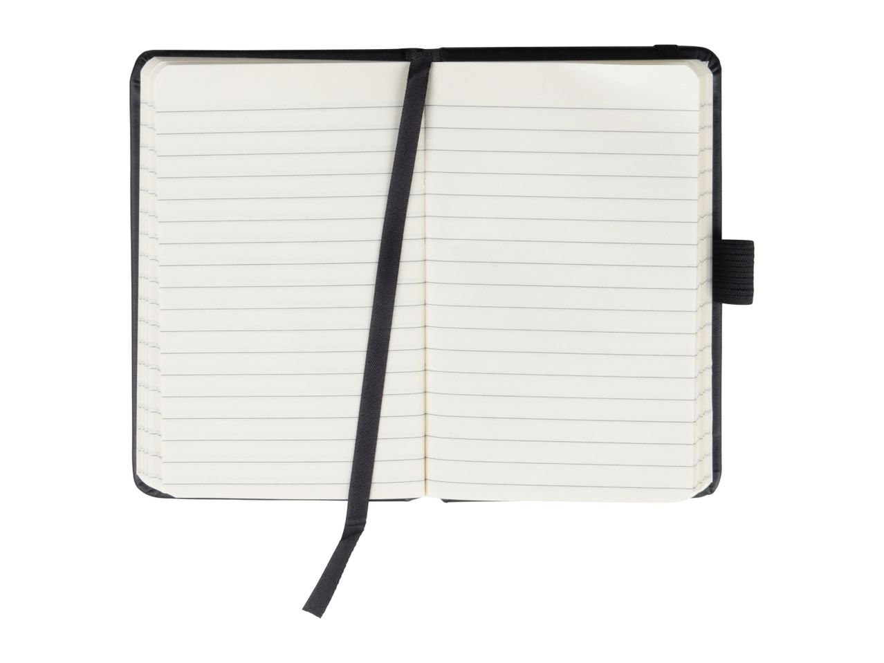 Open black notebook with lined pages and a black ribbon bookmark.