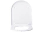 White toilet seat with lid open, isolated on a black background.