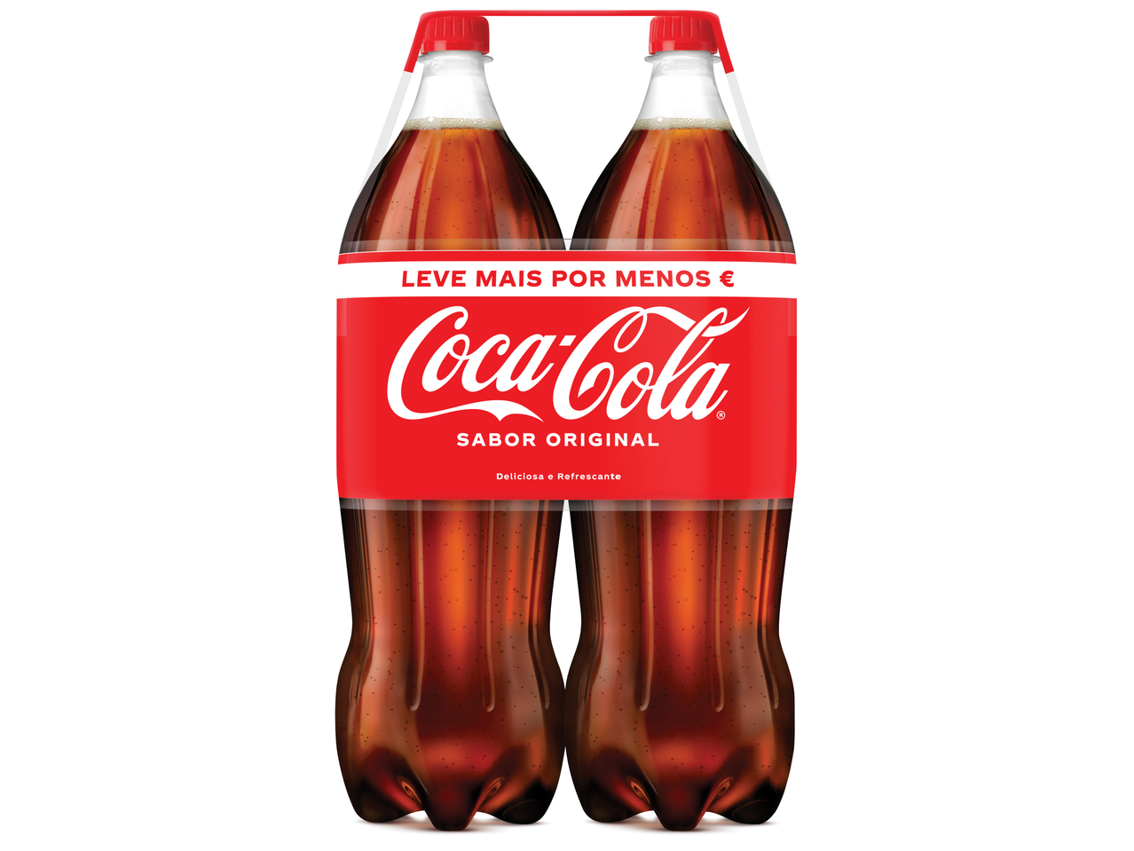 Duas garrafas de Coca-Cola em um pacote, mostrando o logotipo da marca e o texto 'Leve Mais Por Menos €'.