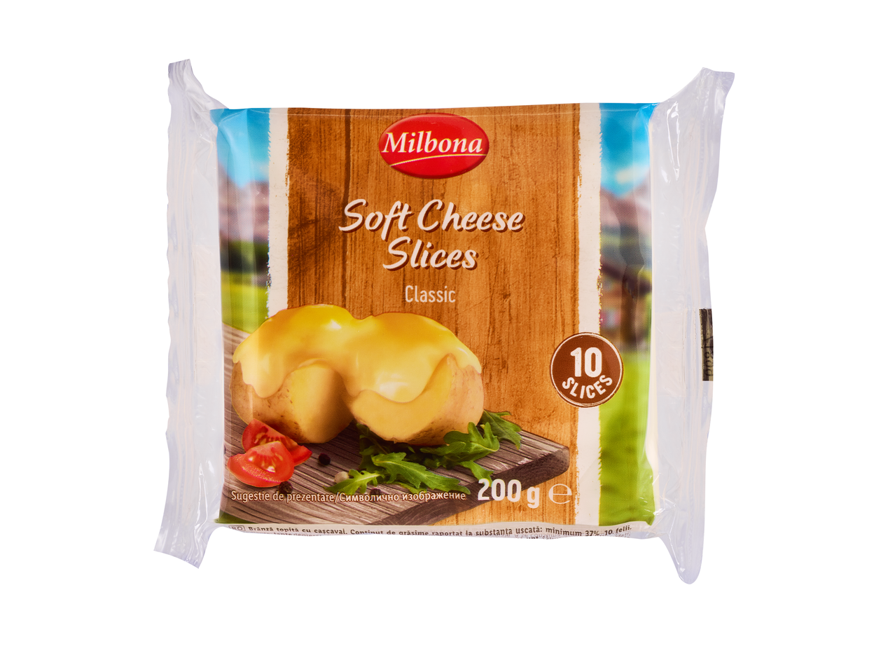 Milbona Brânză topită felii Classic, pachet de 200g cu 10 felii.