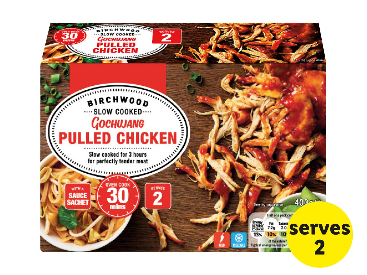 Birchwood Gochujang Pulled Chicken, a slow-cooked, flavorful meal for two, ready in 30 minutes.