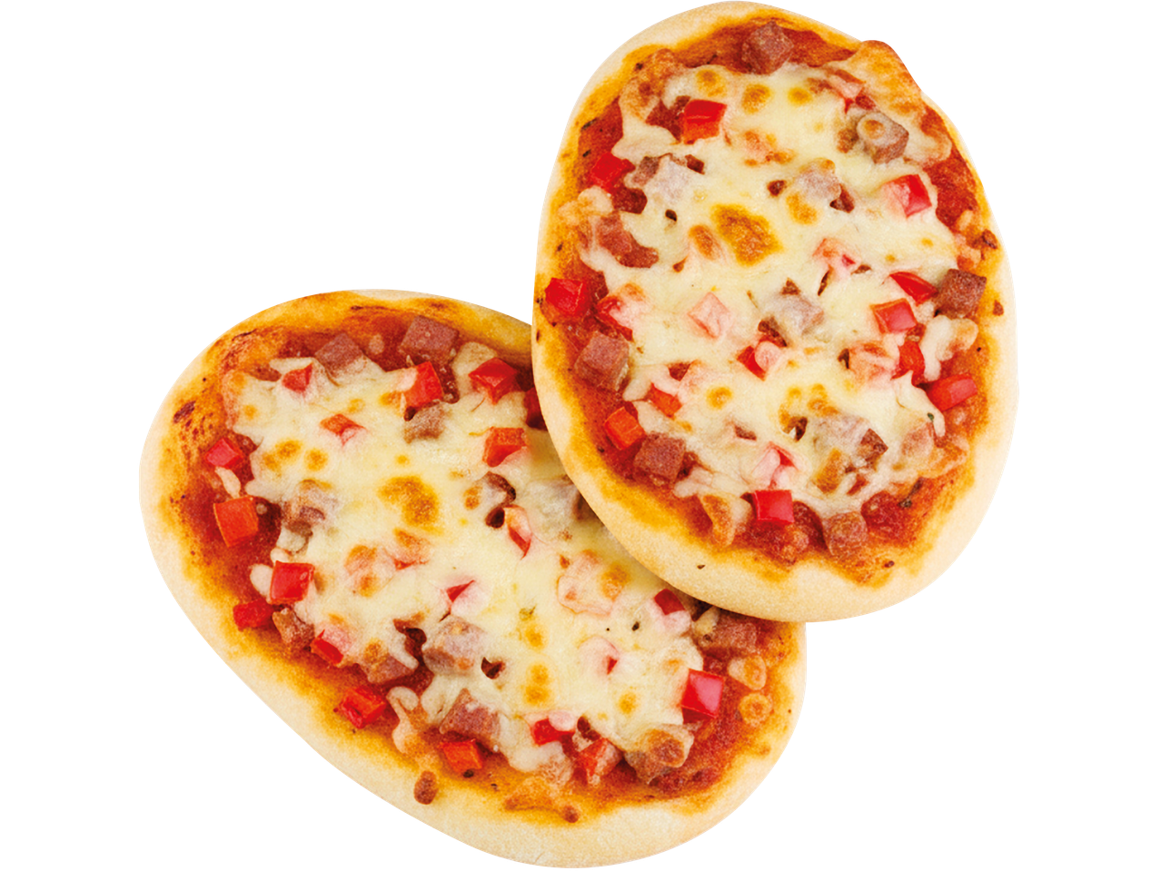 Två minipizzor med ost, röd paprika och skinka.