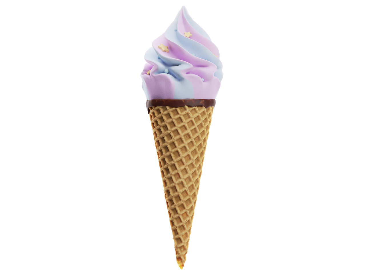 Gelatelli Softeis vanilli-maasika jäätis šokolaadi ja tähtedega vahvlikoonuses.