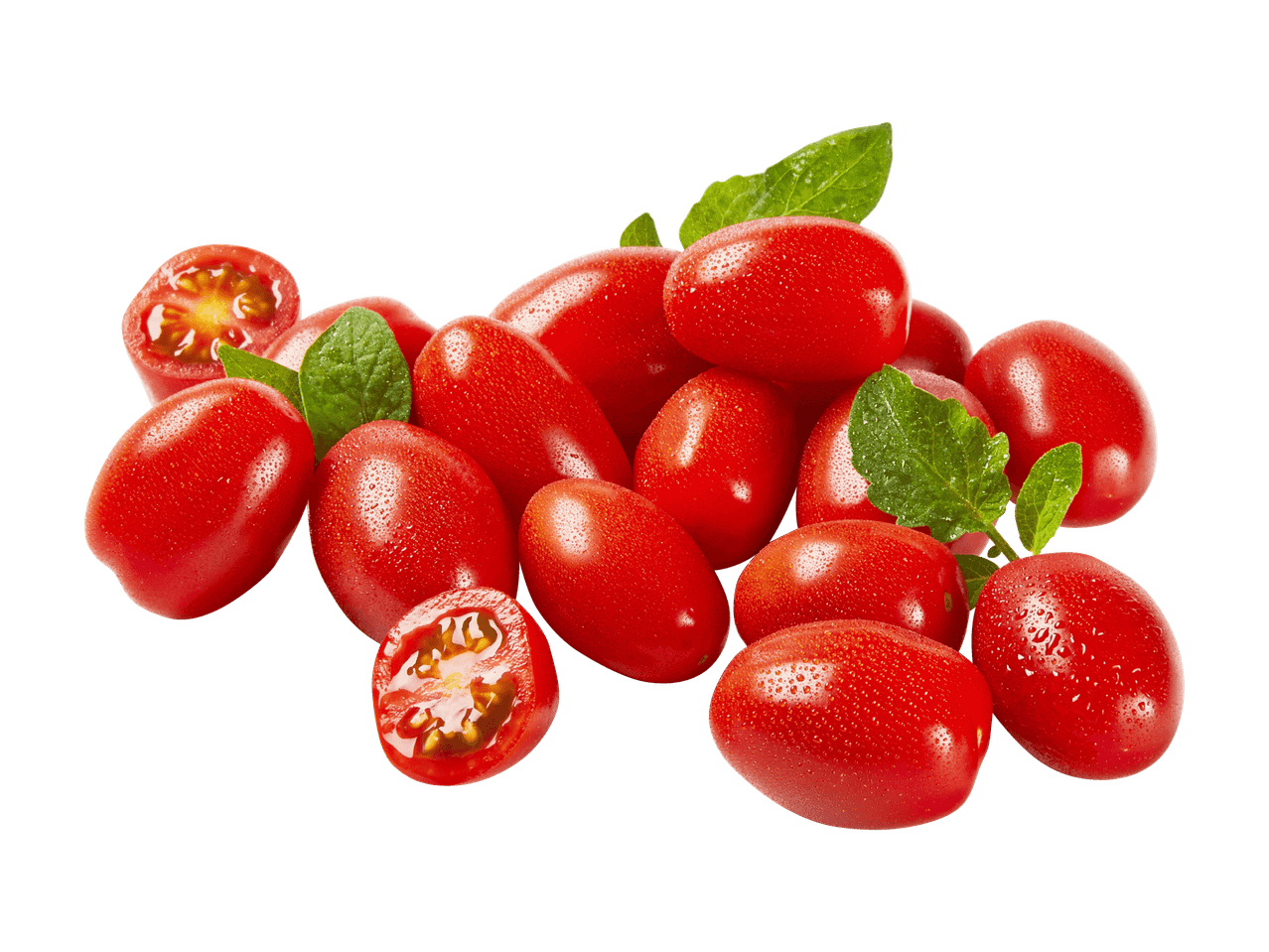 Ein Haufen frischer, roter Kirschtomaten mit Wassertropfen und einigen grünen Blättern.
