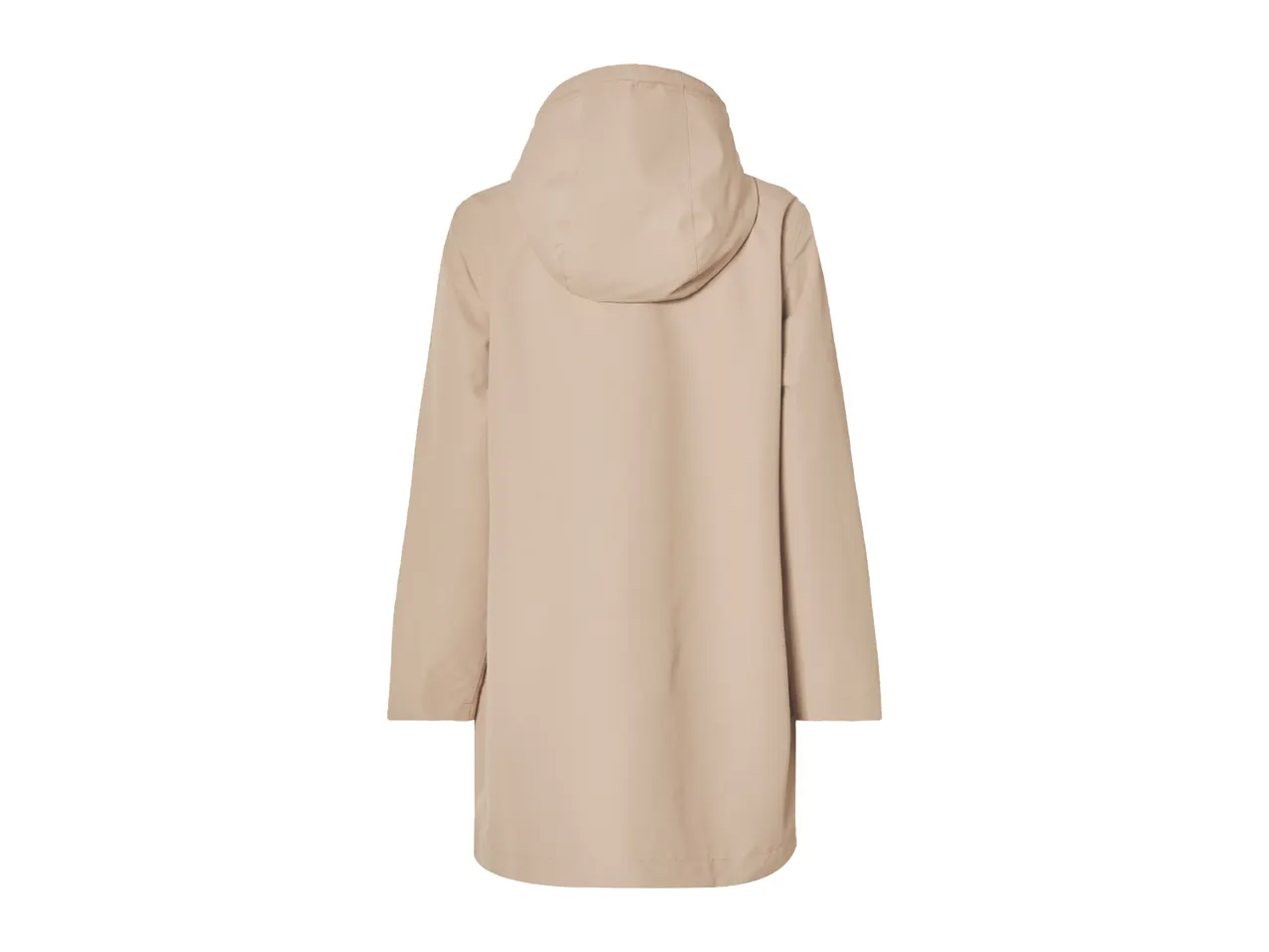 A beige rain jacket with a hood, viewed from the back.