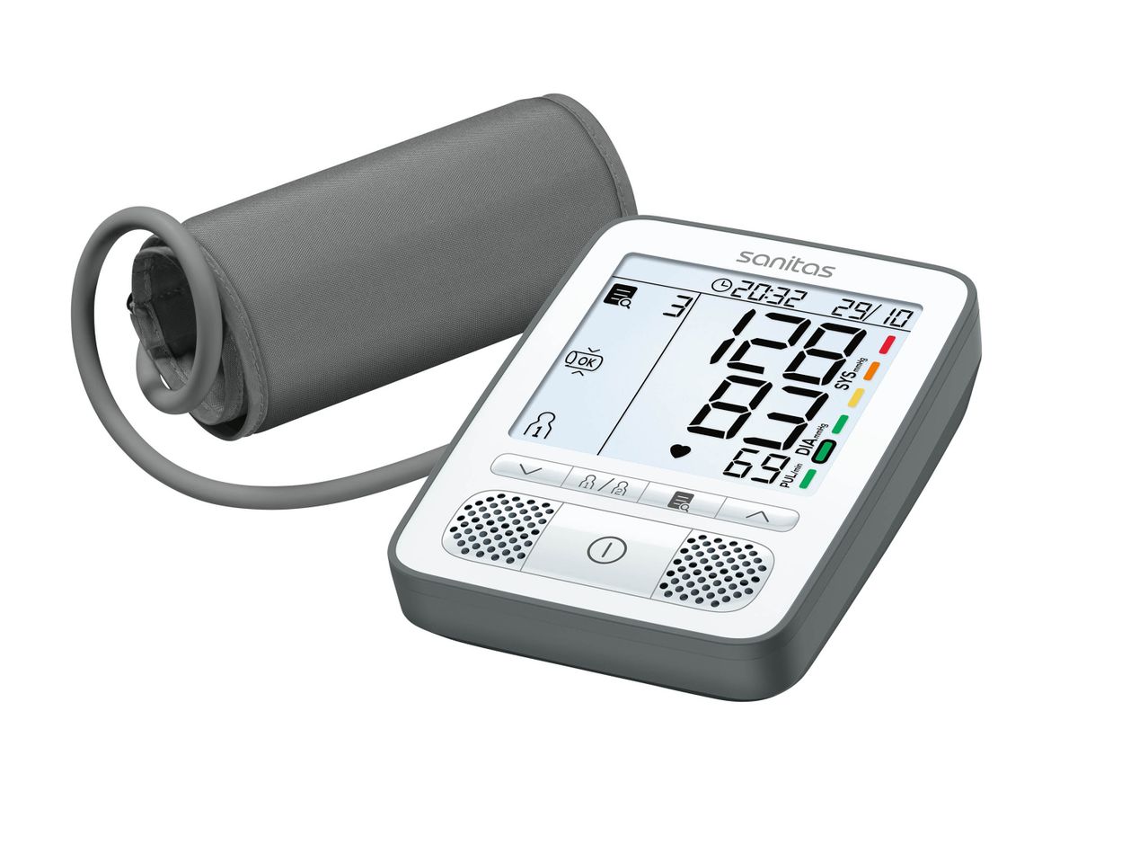 Sanitas blood pressure monitor with cuff displaying readings and time.