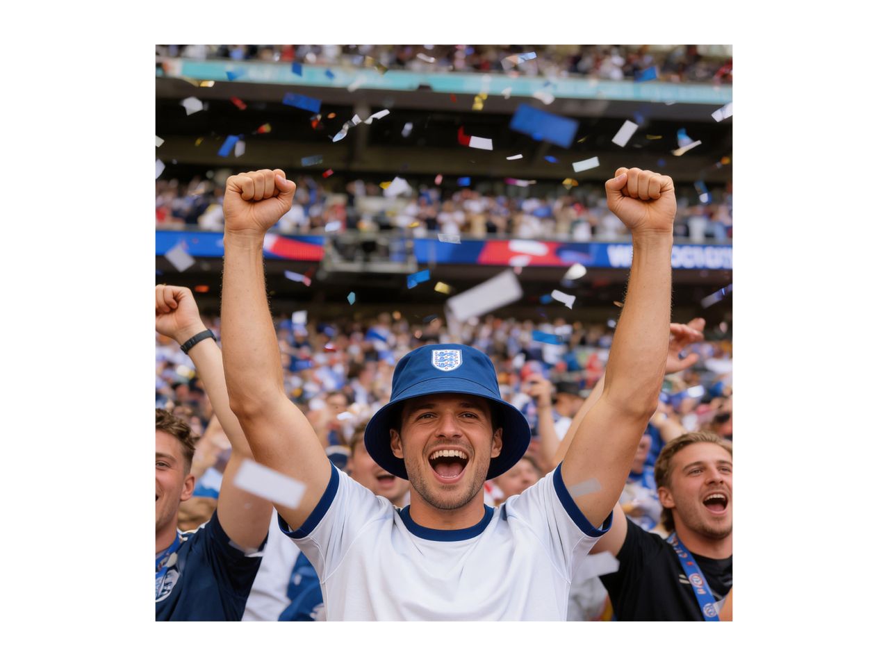 Excited fan in a blue bucket hat cheering at a sports event with confetti falling.