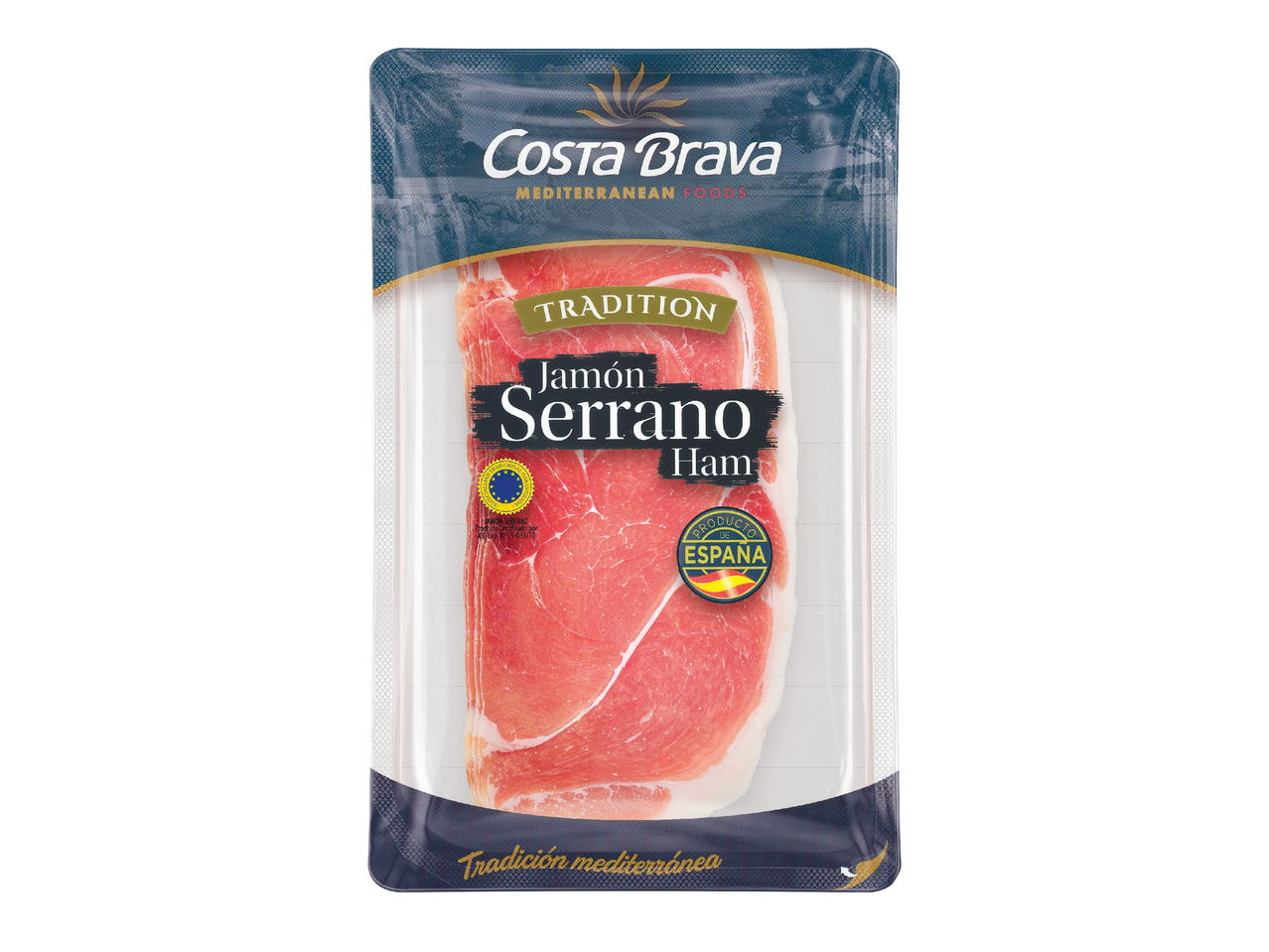 Опаковка от нарязана шунка Серано с надпис „Традиция“ и „Продукт от Испания“.
