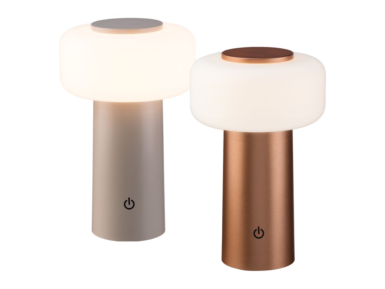 Zwei moderne, tragbare Tischlampen mit mattem Finish, eine in Grau und eine in Kupfer, beide leuchten.