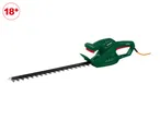 Green electric hedge trimmer with a long blade and an 18+ age restriction symbol.