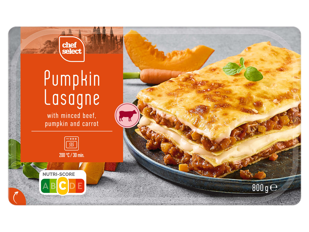 Sütőtökös lasagne darált marhahússal, sütőtökkel és sárgarépával, 800 g.