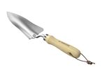 A garden trowel with a wooden handle and a metal blade.
