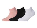 Three pairs of ankle socks in pink, black, and white, arranged side by side.