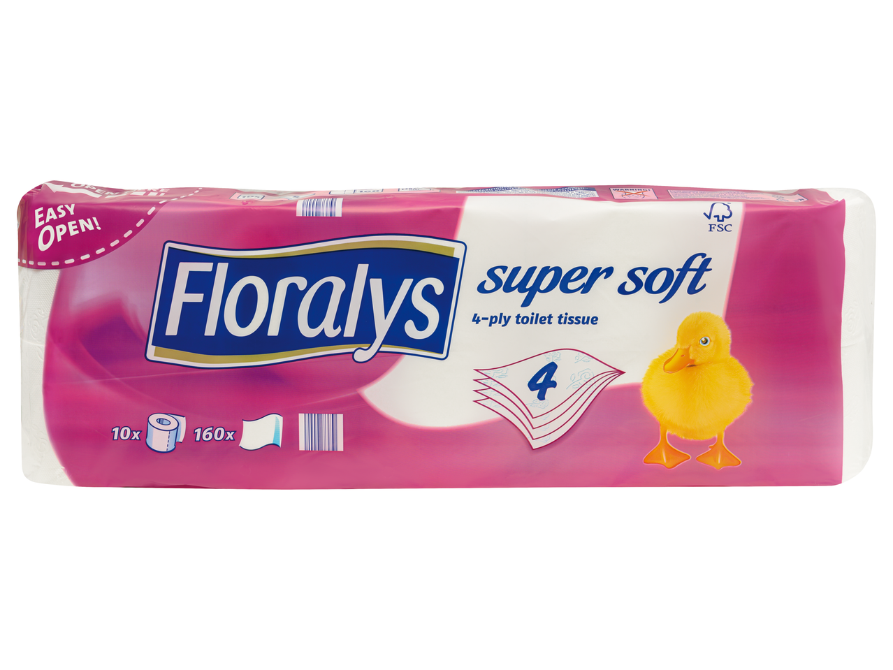 Floralys Super Soft 4 rétegű toalettpapír, 10 tekercs 160 lappal, kacsával.