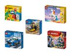 Fem LEGO Creator 3-i-1 sæt: monstertruck, enhjørning, bulldozer, politibil og drage.