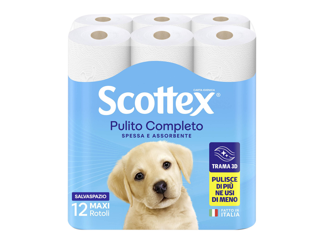 Confezione di carta igienica Scottex Pulito Completo con un cucciolo di labrador.