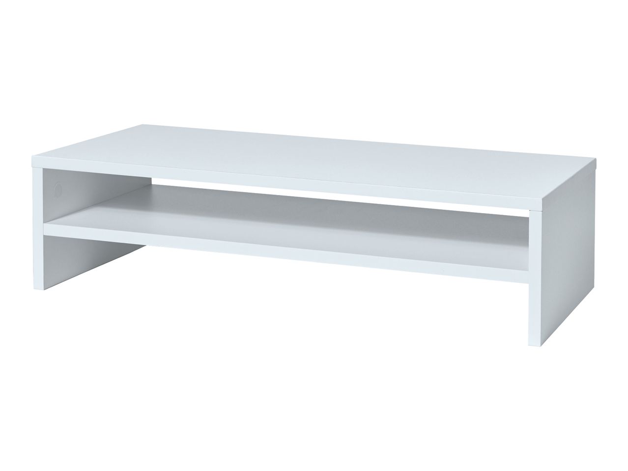 White wooden monitor stand with a single shelf, ideal for organizing a desk or entertainment area.