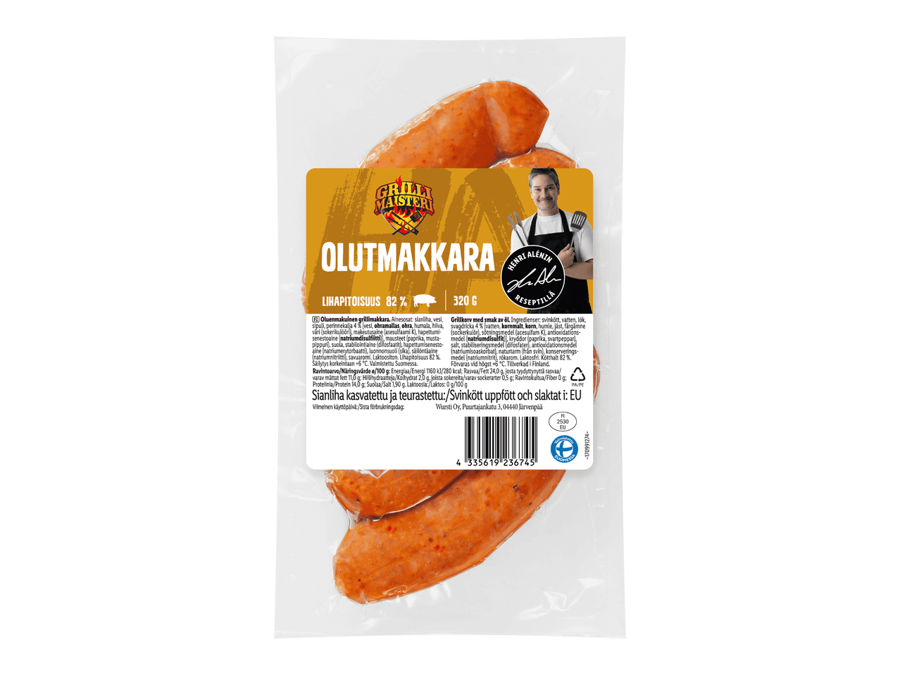 Oluenmakuinen grillimakkara, 320 g, lihapitoisuus 82 %.