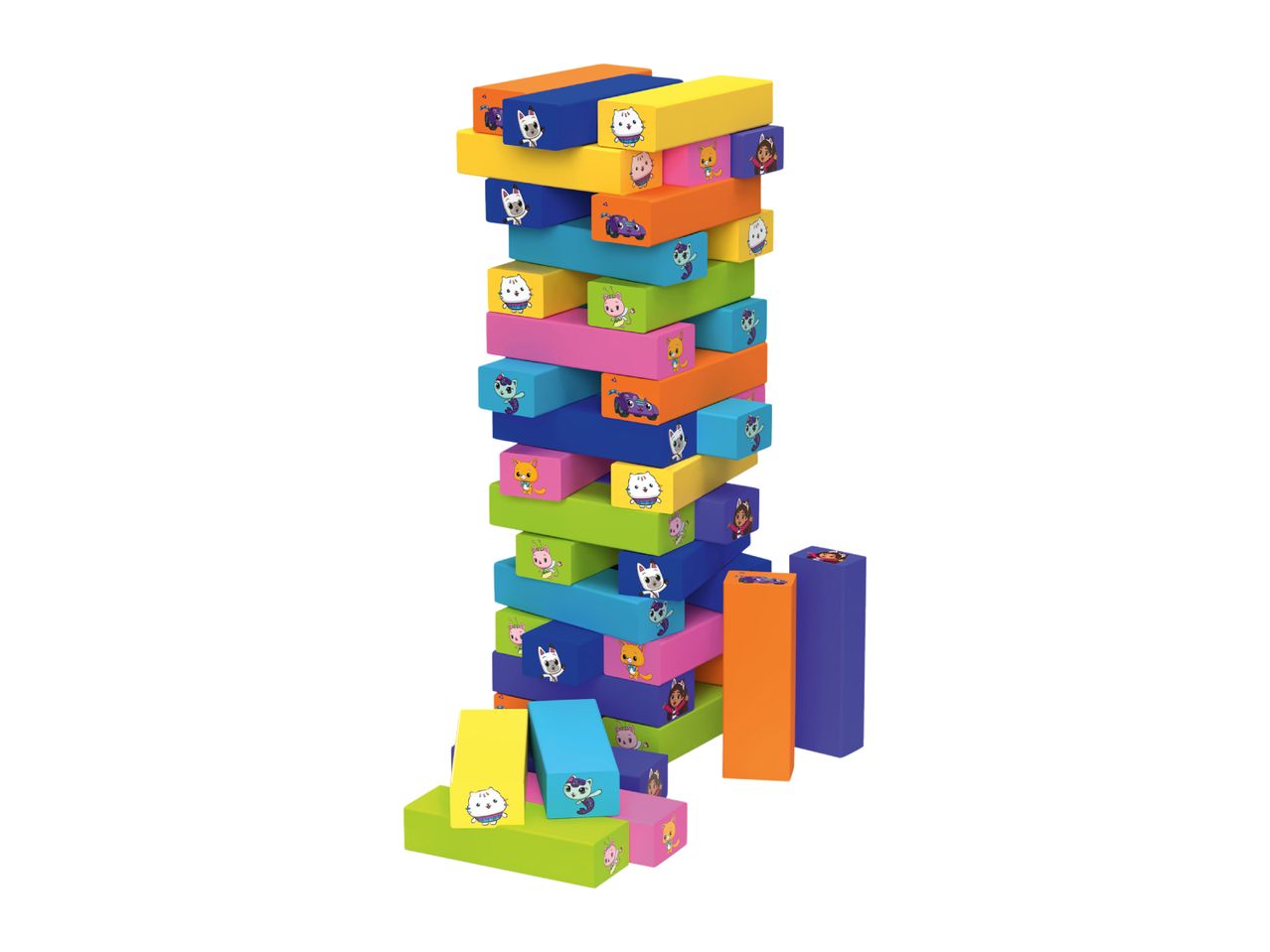 Colorful stacking blocks with cartoon cat characters, forming a tall tower.