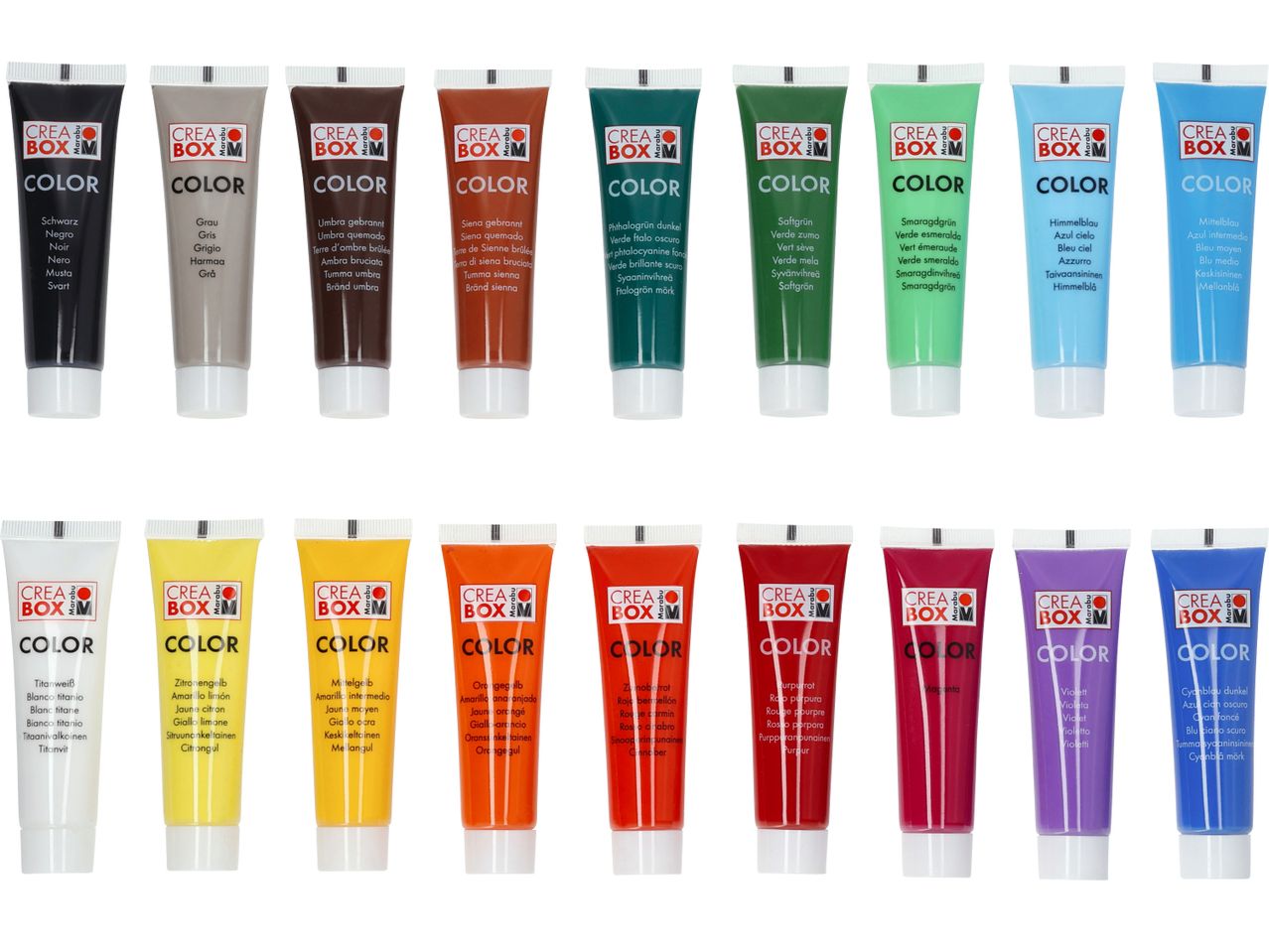 Комплект от 20 тубички акрилни бои Marabu CREA BOX COLOR в различни цветове.