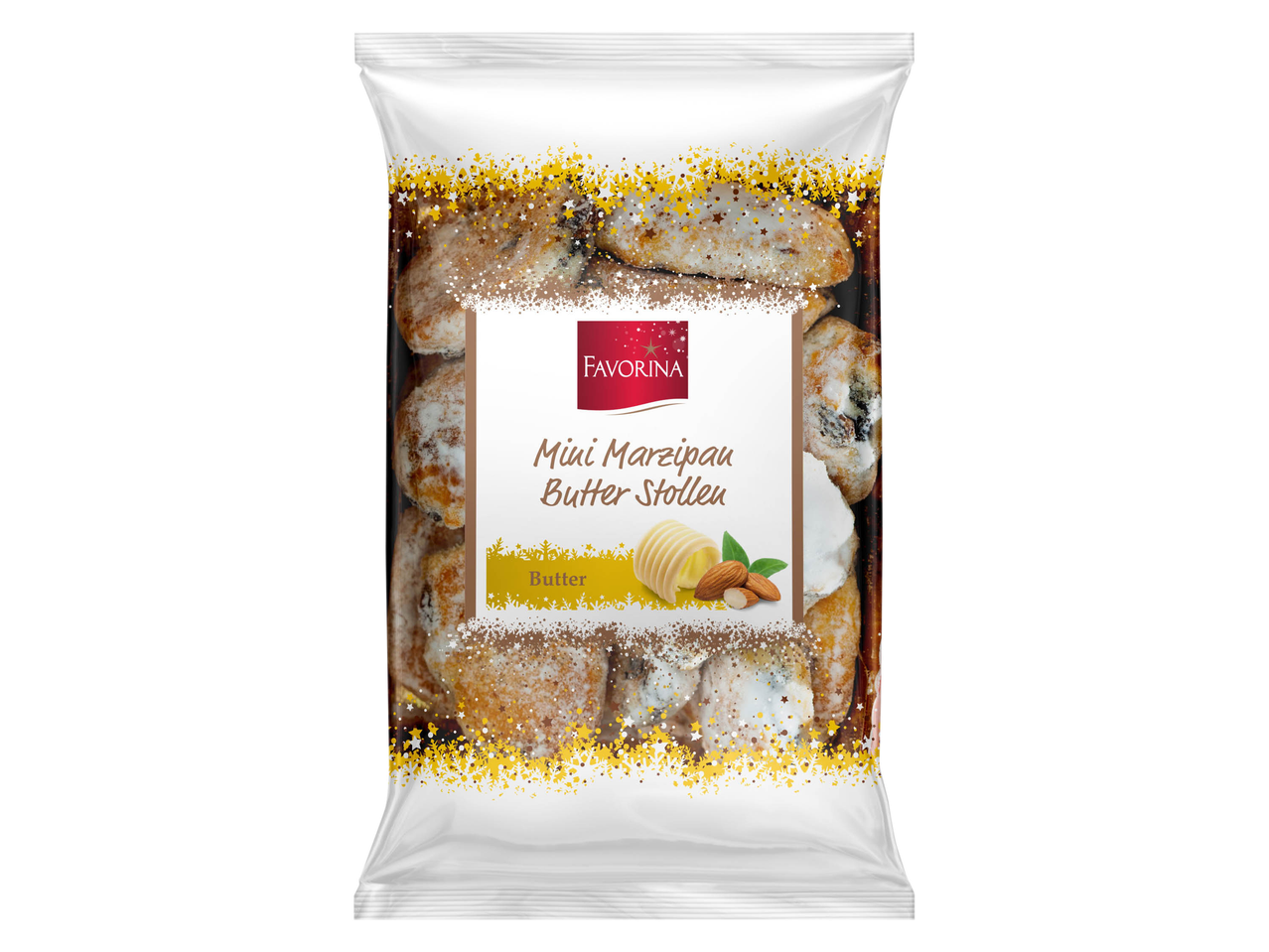 Favorina Mini Marzipan Butter Stollen in a clear bag with festive decorations.