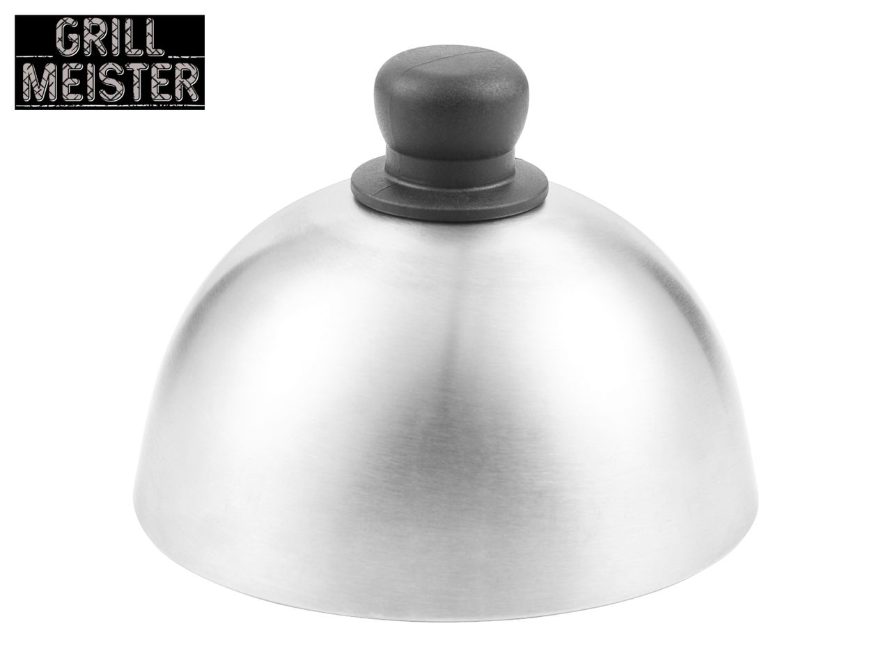 Stainless steel burger cloche with a black handle, featuring the text 'GRILL MEISTER'.
