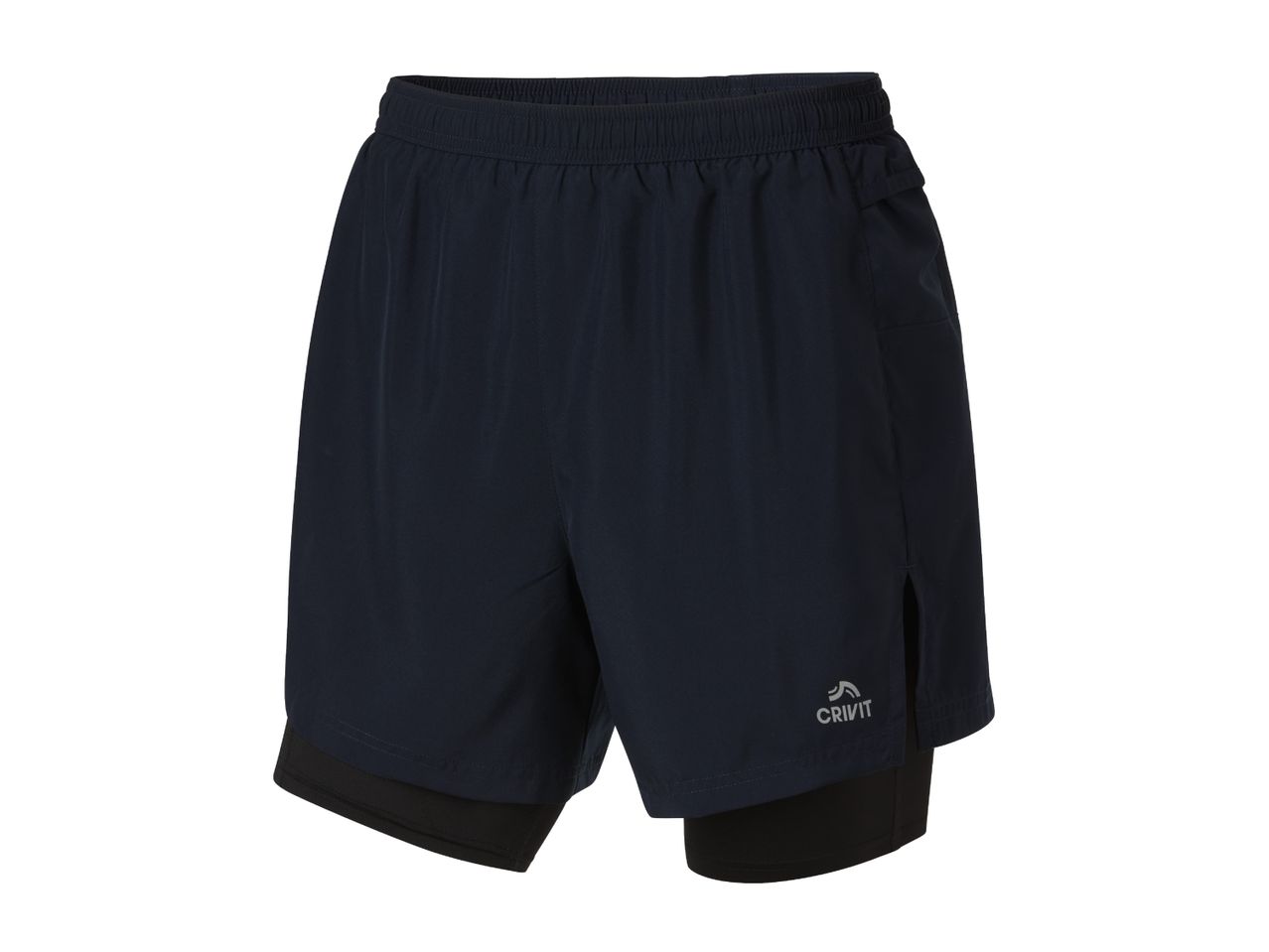 Men's navy blue 2-in-1 running shorts with black inner shorts.