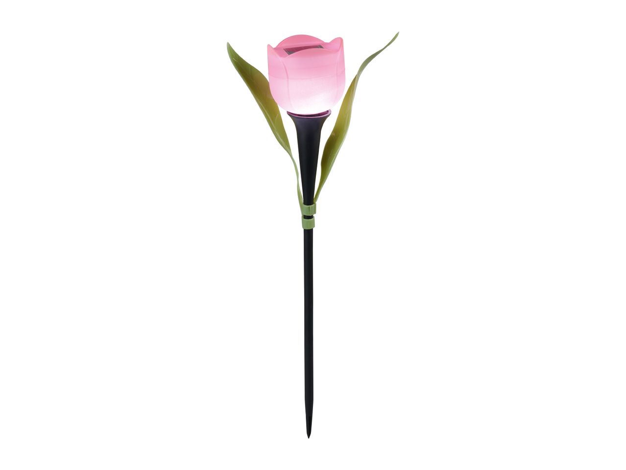 A pink tulip-shaped solar garden light with green leaves and a black stake.