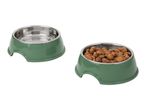 Two green pet bowls, one empty and one filled with dog food.