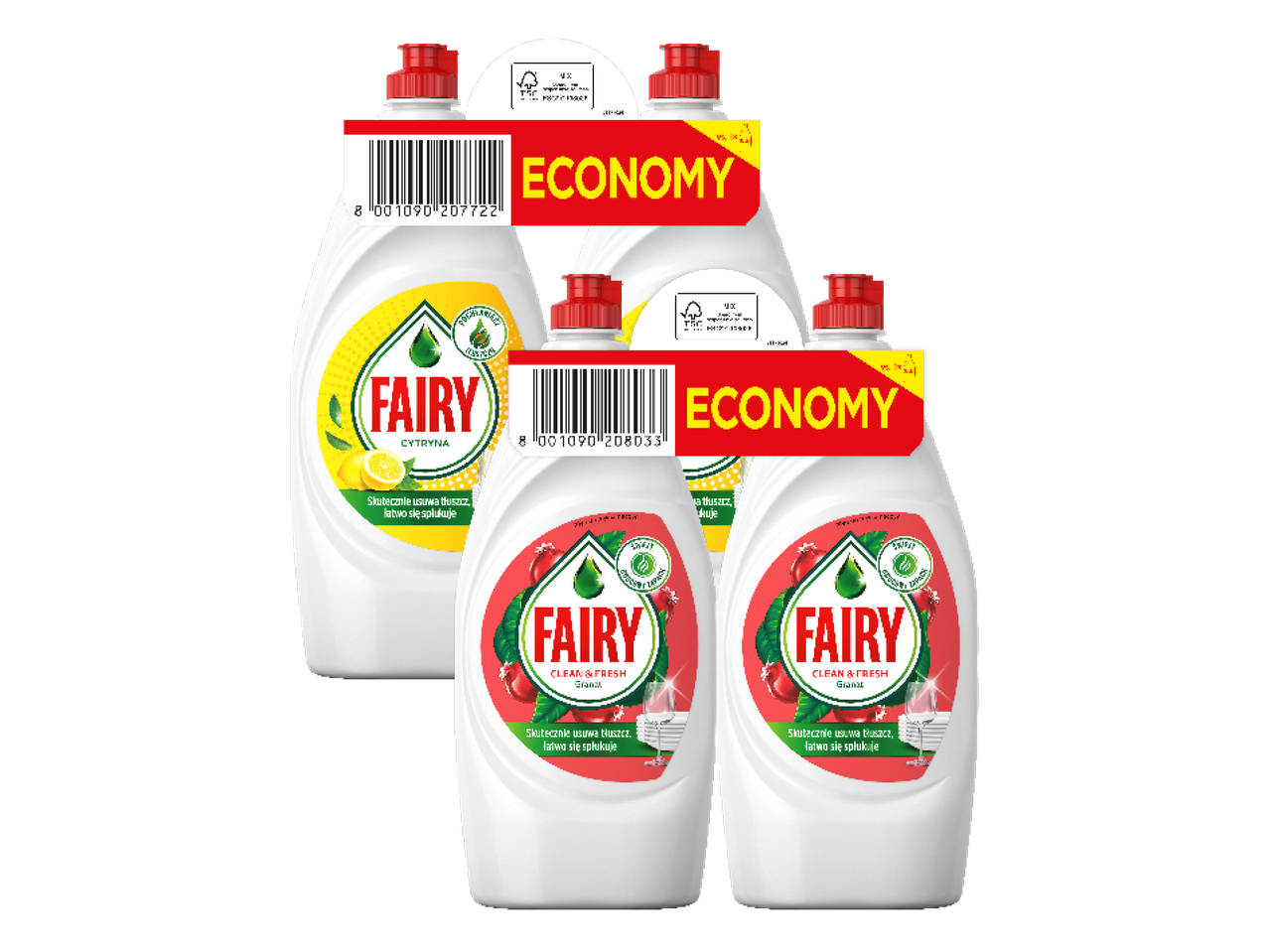 Fairy trauku mazgāšanas līdzeklis ar citronu un granātābolu aromātu, ekonomisks iepakojums.