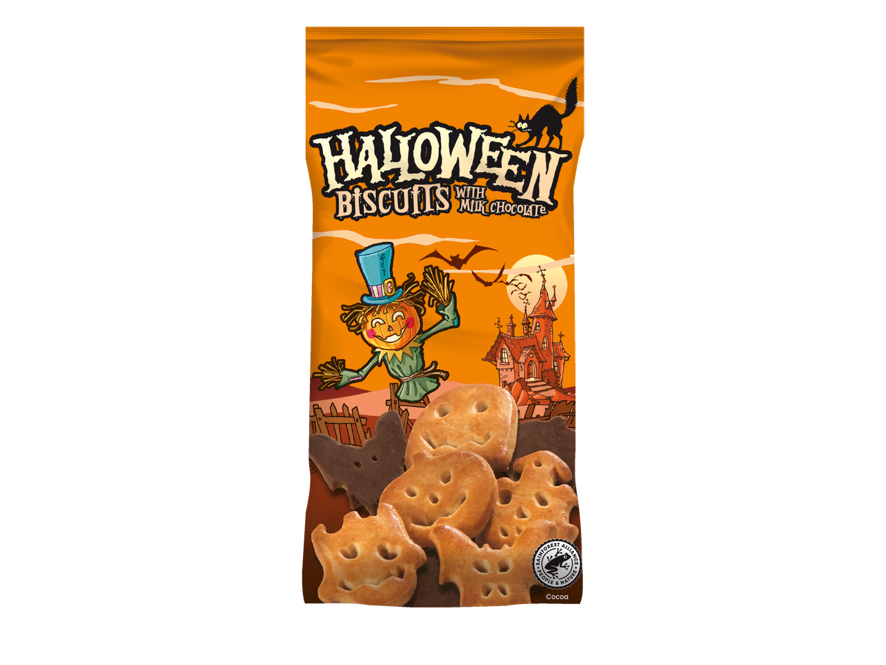 Halloweeni piimašokolaadi küpsised, millel on hernehirmutis ja kummitusmaja.