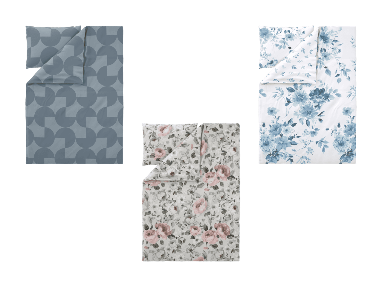 Trois parures de lit : feuilles de palmier noires et blanches, fleurs roses et grises, et motifs géométriques bleus.