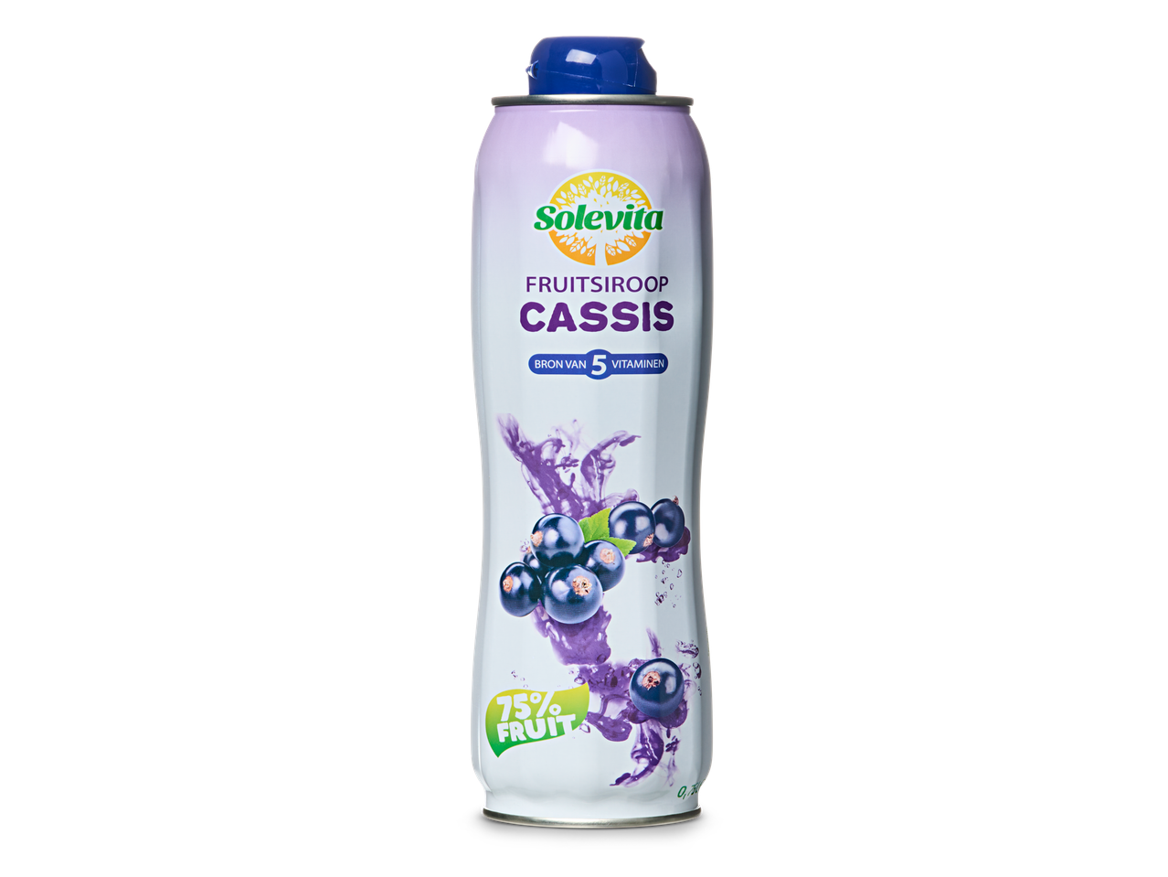 Een fles Solevita Fruitsiroop Cassis, een zwartebessen-fruitsiroop.