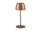 Kupferfarbene Stehlampe mit konischem Schirm auf schwarzem Hintergrund.
