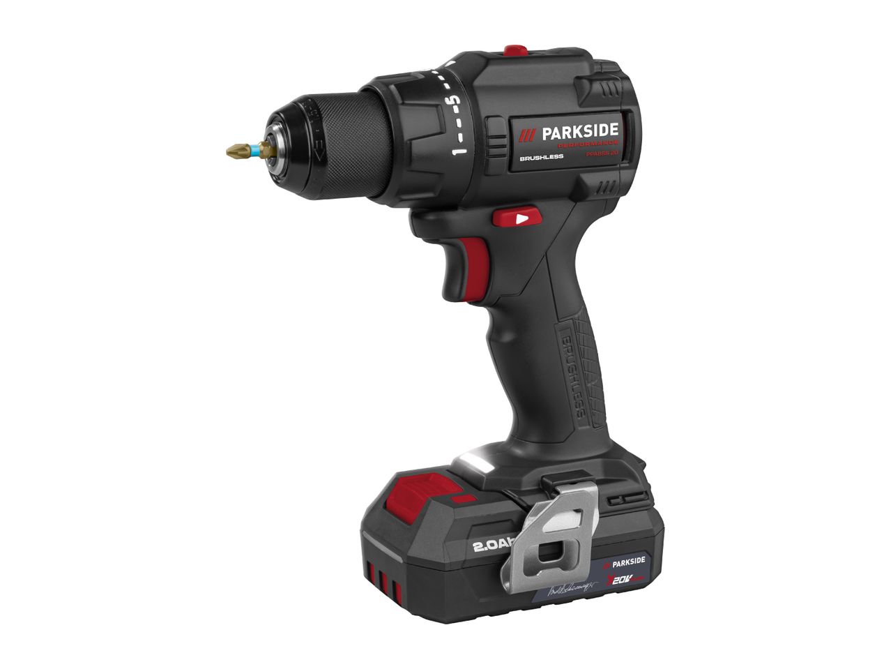 A black cordless drill with a red trigger and a 2.0Ah battery pack.