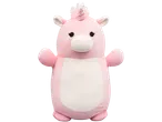 Pink unicorn plush toy with a white belly and a sparkly horn.