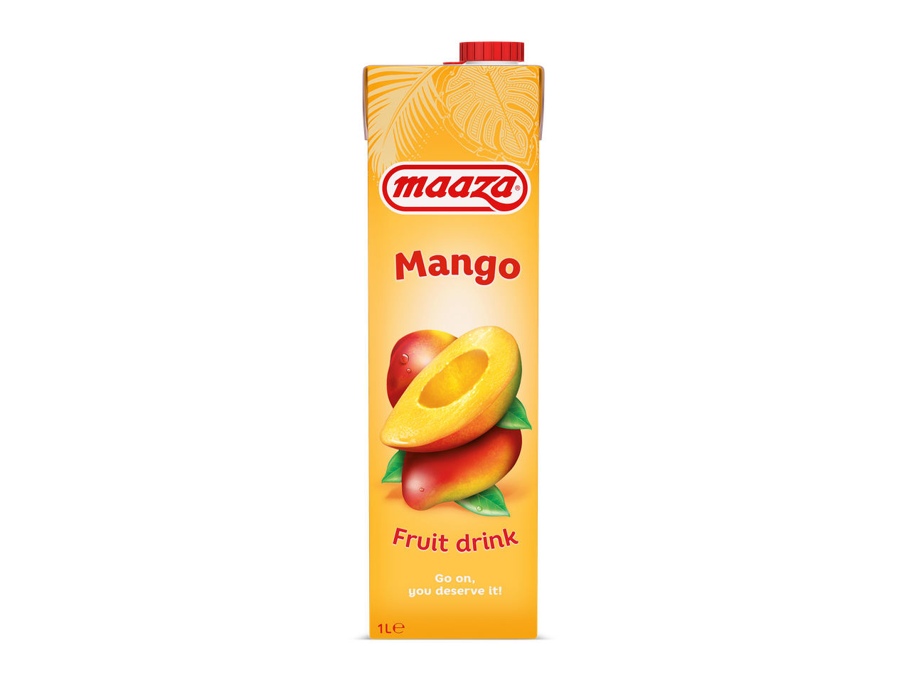 Gele fruitdrankverpakking met mango-afbeelding en de tekst 'Fruit drink'.