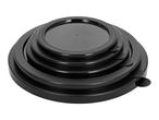 A stack of five black round plastic food container lids, decreasing in size from bottom to top.