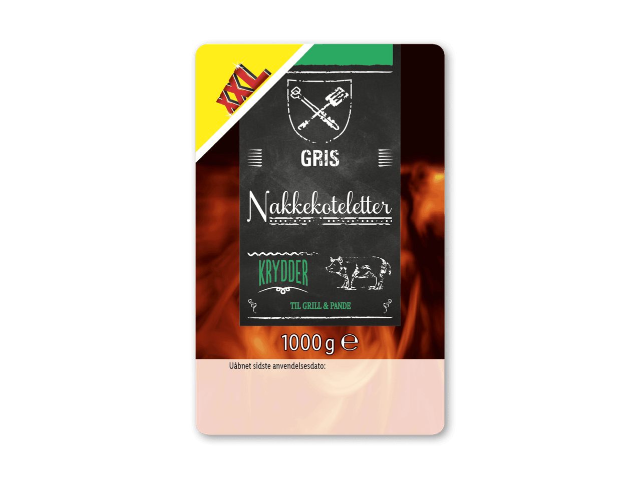 Emballage til nakkekoteletter med krydderier, 1000g, til grill og pande.