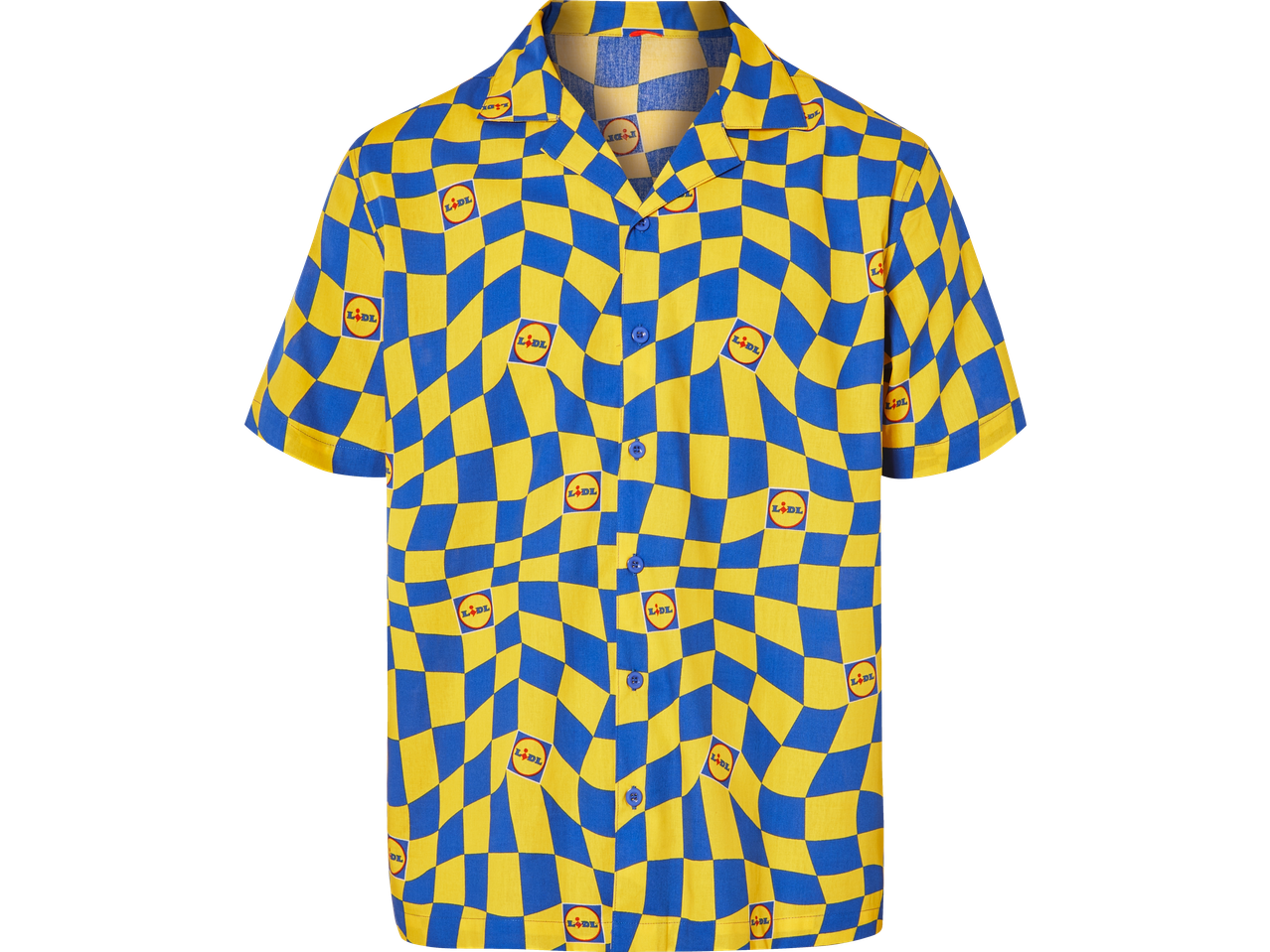 A yellow and blue checkered short-sleeved shirt with a repeating logo pattern.