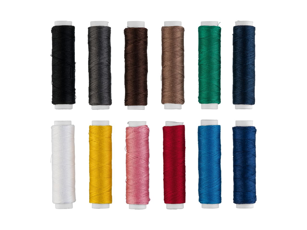 En række farverige trådspoler, herunder sort, grå, brun, grøn, blå, hvid, gul, pink og rød.