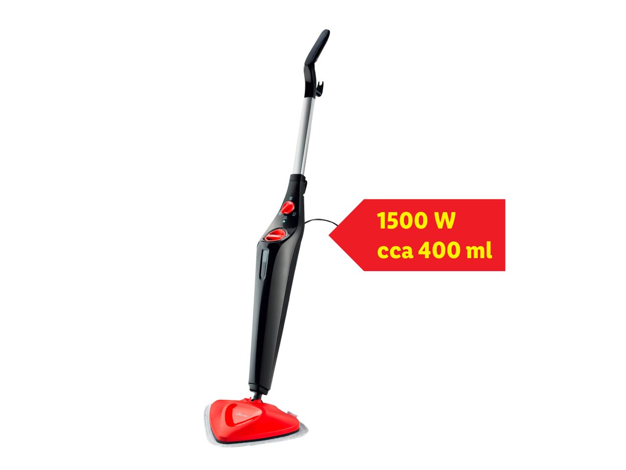 Crni i crveni parni čistač s natpisom '1500 W cca 400 ml' na crvenoj naljepnici.