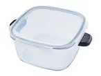 Clear glass food storage container with a transparent lid and black latches.