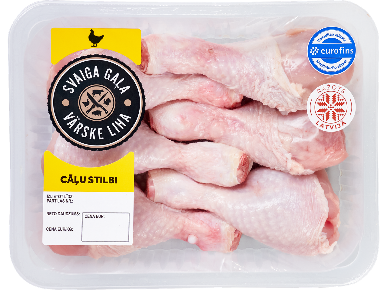 Pakend värskete kanakoibadega, siltidega „Värske liha“ ja „Toodetud Lätis“.