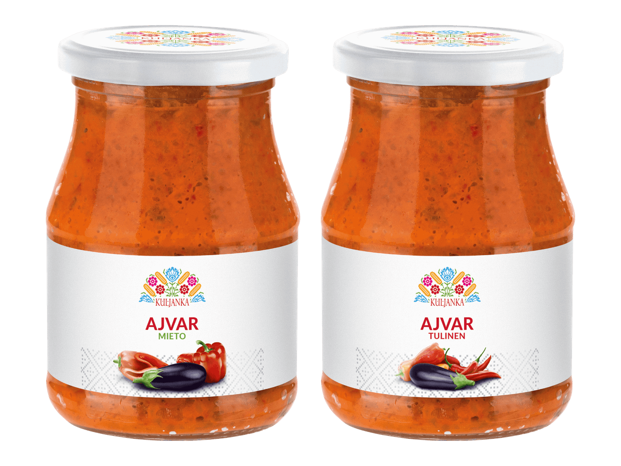 Mieto ja tulinen ajvar-paprikatahna lasipurkeissa.