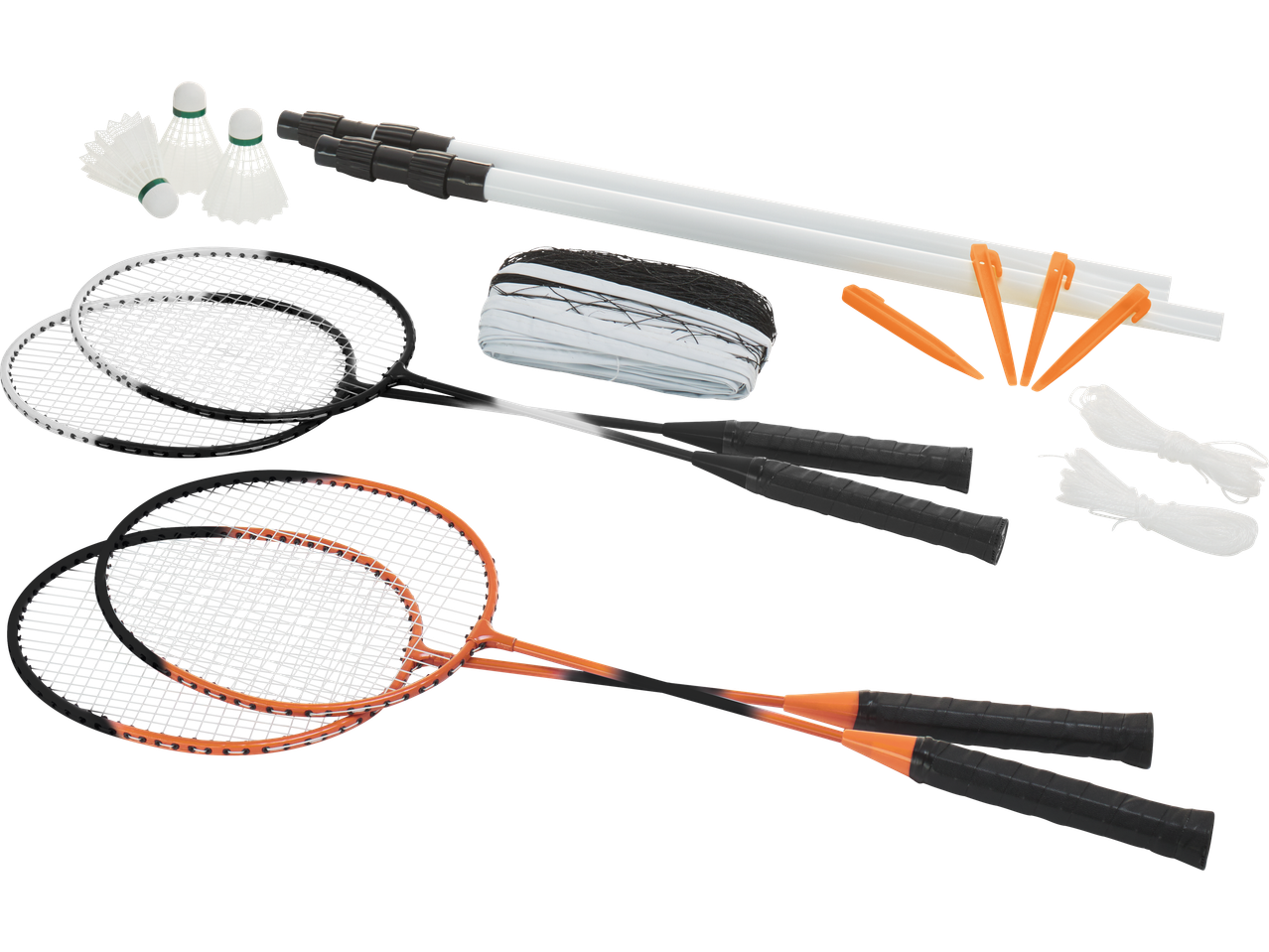 Badmintonikomplekt: reketid, võrk, sulgpallid ja postid.