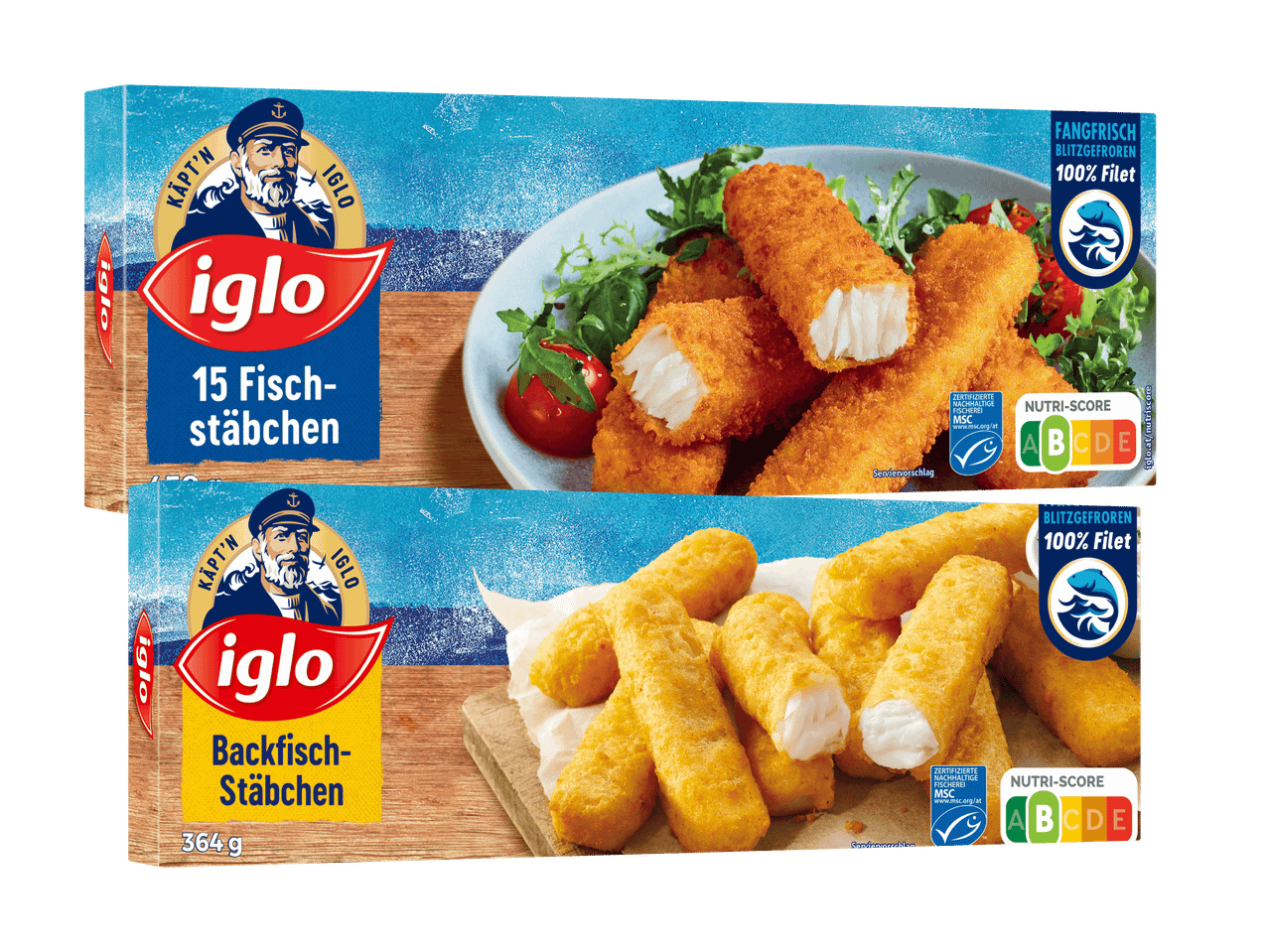 Zwei Packungen Iglo Fischstäbchen, eine mit 15 Fischstäbchen und eine mit Backfisch-Stäbchen.