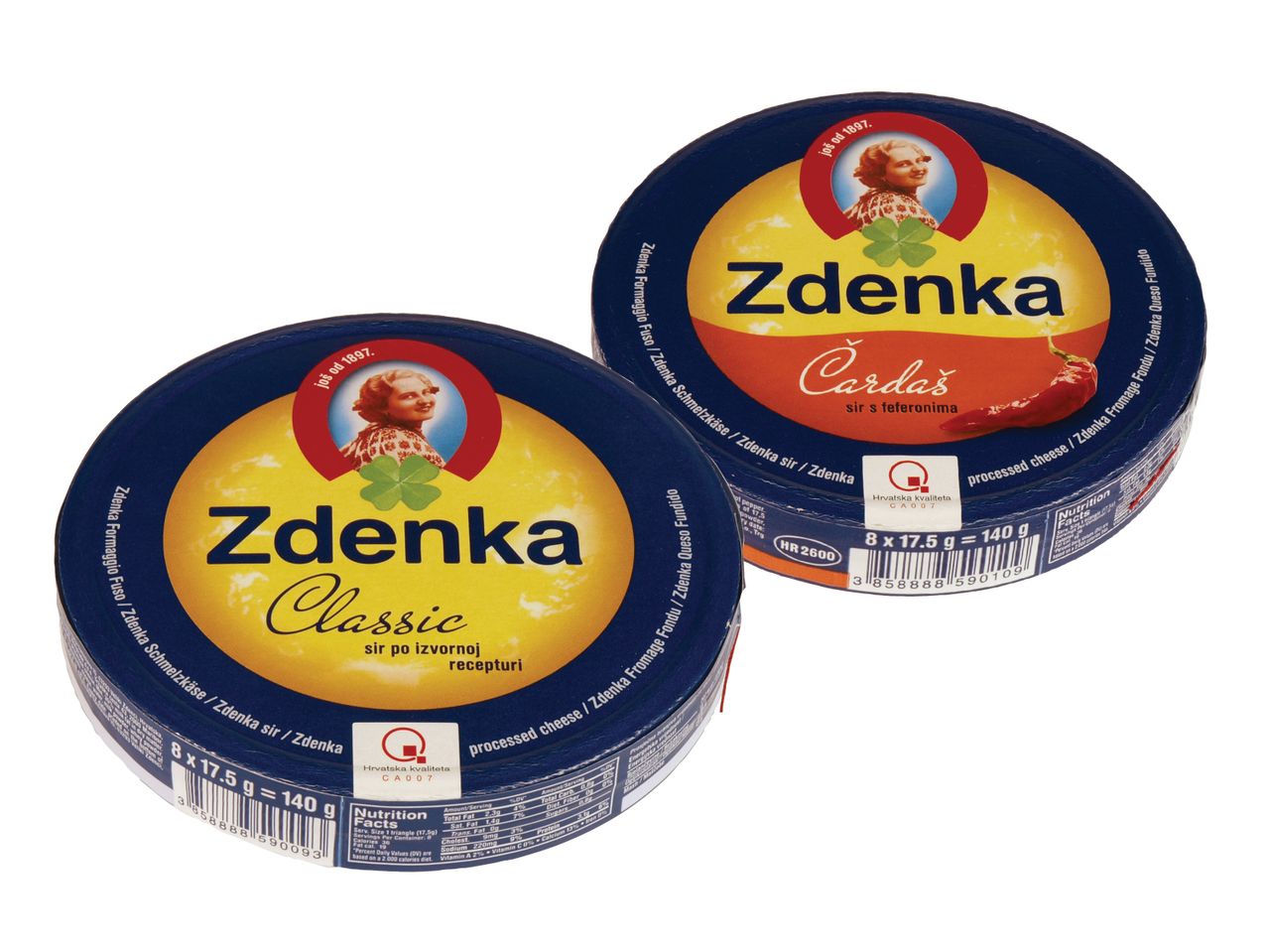 Dve škatlici sira Zdenka, klasična in pikantna.