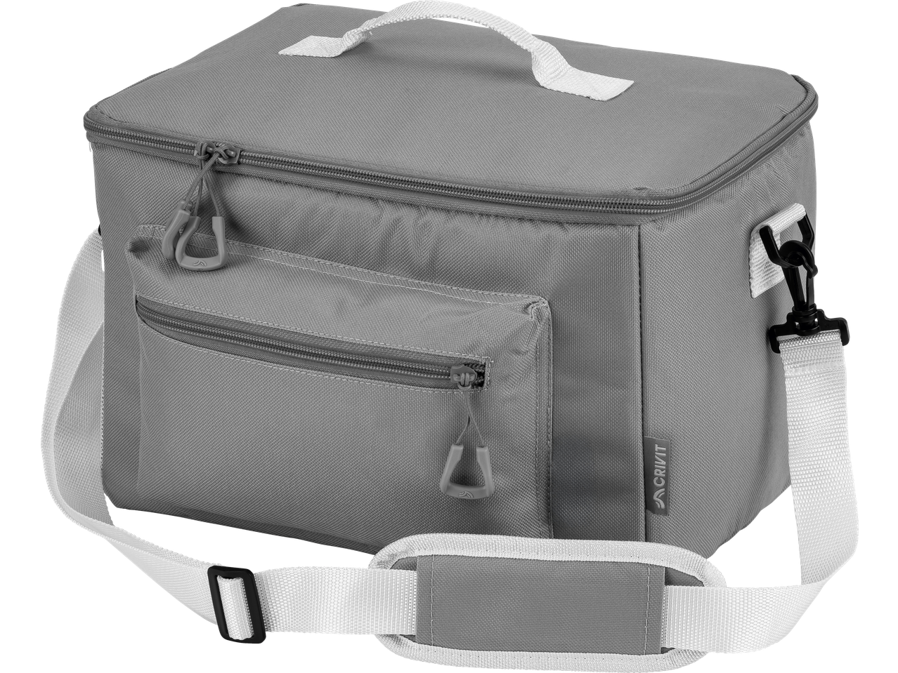 CRIVIT grey cool bag with white straps and front pocket, featuring a Crivit logo.