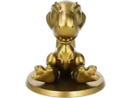 Estatueta de dinossauro dourada sentada numa base redonda.